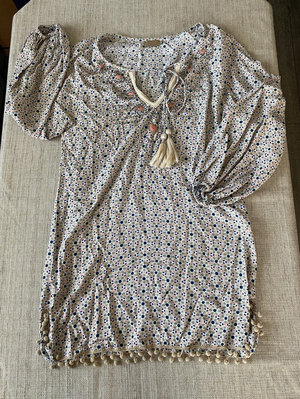 SKEMO V neck oversized Boho pullover beaded tassel tunic top swim cover up M